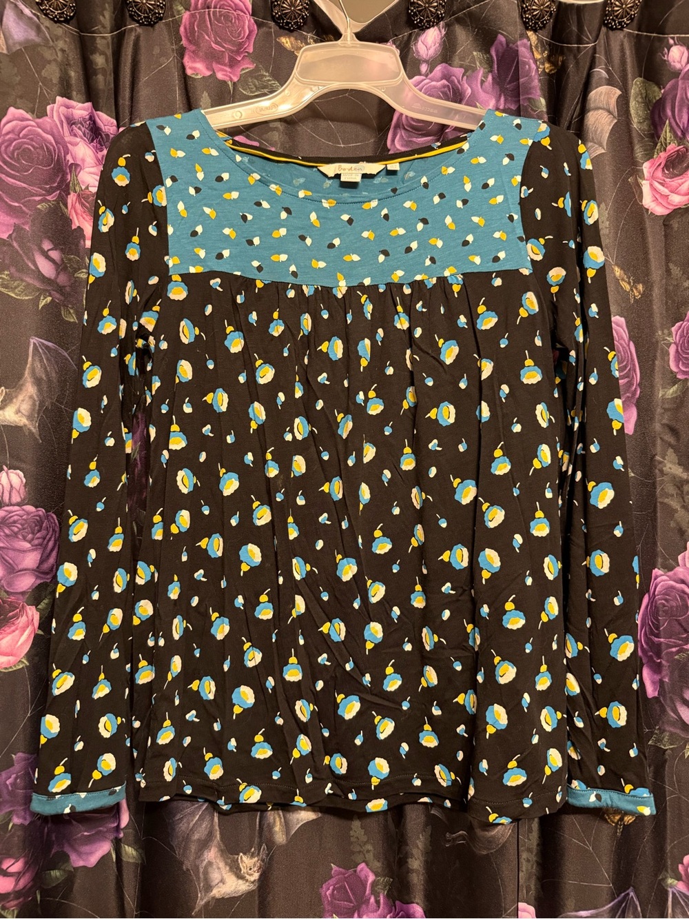Boden Black Floral Dot Yoke Long-Sleeve Top with Turquoise Accents
